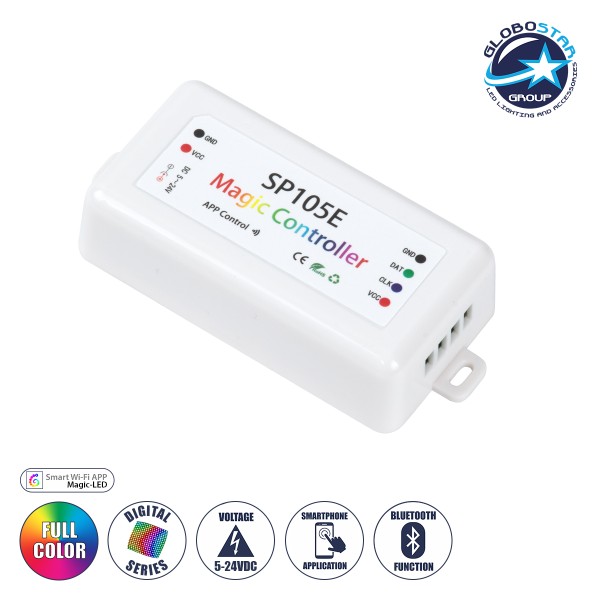 GloboStar® 70039 SP105E Ασύρματος WiFi LED FULL COLOR Magic Digital Pixel Controller iOS/Android Bluetooth για LED Digital Πολύχρωμα και Μονόχρωμα Προϊόντα DC 5-24V 1 x 2048 IC Max