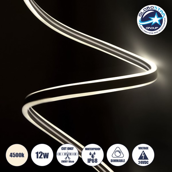 GloboStar® 70481 DOUBLE-SIDED 120°+120° Degree Neon Flex Epistar LED SMD 2835 1m 12W/m 120LED/m 1080lm/m 120°+120° DC 24V Αδιάβροχη IP68 Φυσικό Λευκό 4500K Dimmable