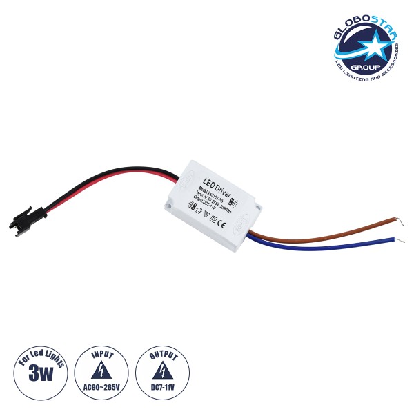 GloboStar® 73074 Πλαστικό Τροφοδοτικό SELV για Προϊόντα LED 3W - AC 220-240V σε DC 7-11V - IP20 L4.5 x W3 x H2.5cm - 3 Years Warranty