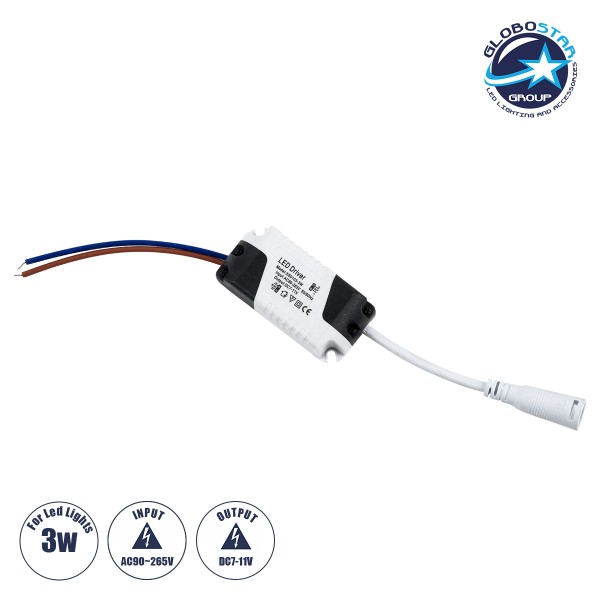 GloboStar® 73075 Πλαστικό Τροφοδοτικό SELV για Προϊόντα LED 3W - AC 220-240V σε DC 7-11V - IP20 L6 x W3 x H2cm - 3 Years Warranty