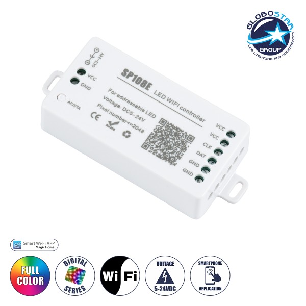 GloboStar® 73409 SP108E Ασύρματος WiFi LED FULL COLOR Magic Digital Pixel Controller iOS/Android για LED Digital Πολύχρωμα και Μονόχρωμα Προϊόντα DC 5-24V 1 x 2048 IC Max