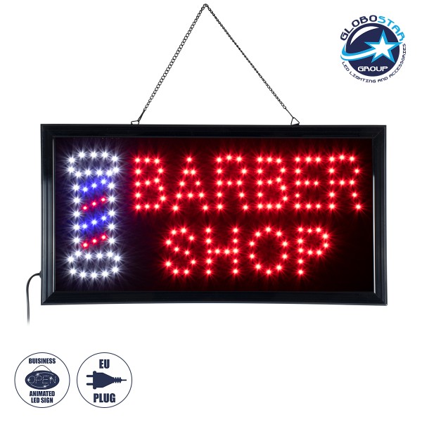 GloboStar® 75693 Φωτιστικό Ταμπέλα Φωτεινή Επιγραφή LED Σήμανσης BARBER SHOP 3W AC 230V με Διακόπτη On/Off Κόκκινο - Μπλε - Λευκό