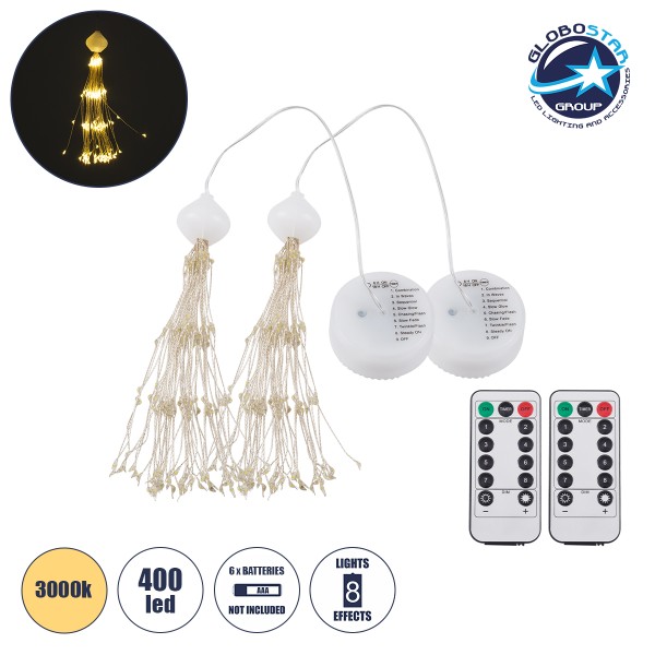 GloboStar® 79796 ΣΕΤ 2 x Διακοσμητικές Γιρλάντες Μπαταρίας (2x 3xAAA Δεν Περιλαμβάνονται) 200+200 LED 3+3 Watt και Ασύρματο Χειριστήριο 8 Προγραμμάτων Φωτισμού Dimmable Θερμό Λευκό 3000K