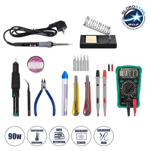 GLOBOSTAR® ELEKIT 79978 Ολοκληρωμένο DIY ΚΙΤ Εργαλείων Ηλεκτρονικού - Κολλητήρι & Βάση, Απορροφητική Τρόμπα Κόλλησης, Πλαγιοκόφτης, Τσιμπιδάκι Tweezer, Πενσέτα, Καλάι Κόλλησης, Κοπίδια, Φαλτσέτες & Ψηφιακό Πολύμετρο