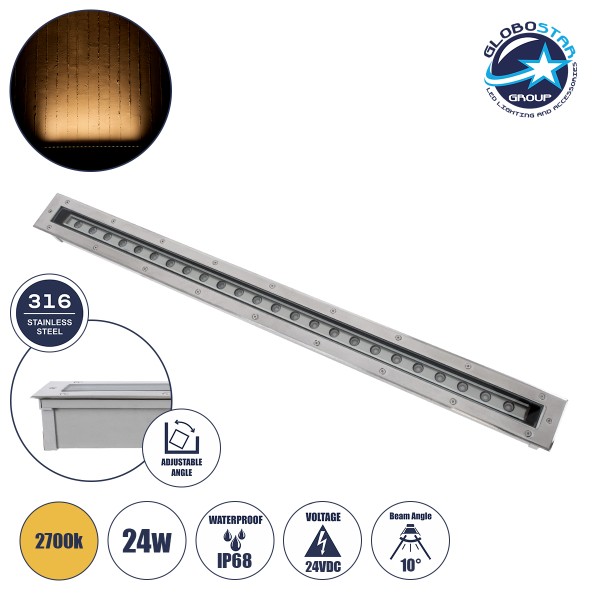 GloboStar® UNDERGROUND-PASSAGGIO 90196 Χωνευτό Φωτιστικό Wall Washer Δαπέδου LED 24W 2160lm 10° DC 24V Αδιάβροχο IP68 με Ρυθμιζόμενη Γωνία Φωτισμού L108 x W9 x H7.5cm Θερμό Λευκό 2700K - Ανοξείδωτο Ατσάλι - 3 Years Warranty