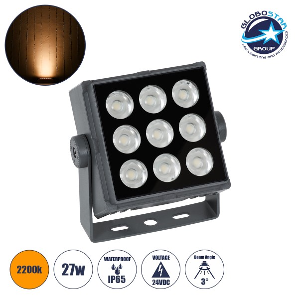 GLOBOSTAR® FLOOD-TINY 90367 Προβολέας Σποτ Wall Washer LED 27W 2295lm 3° DC 24V Αδιάβροχο IP65 Πορτοκαλί 2200K Dimmable - Γκρι Ανθρακί - Μ13.8 x Π16.4 x Υ7cm - 3 Χρόνια Εγγύηση