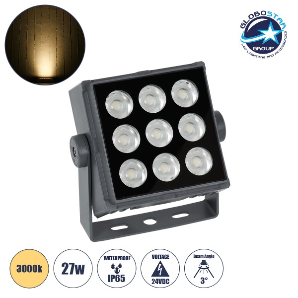 GLOBOSTAR® FLOOD-TINY 90368 Προβολέας Σποτ Wall Washer LED 27W 2430lm 3° DC 24V Αδιάβροχο IP65 Θερμό Λευκό 2700K Dimmable - Γκρι Ανθρακί - Μ13.8 x Π16.4 x Υ7cm - 3 Χρόνια Εγγύηση