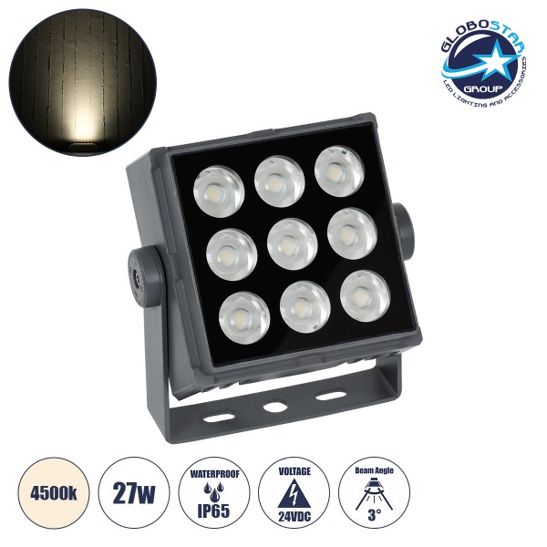 GLOBOSTAR® FLOOD-TINY 90369 Προβολέας Σποτ Wall Washer LED 27W 2565lm 3° DC 24V Αδιάβροχο IP65 Φυσικό Λευκό 4500K Dimmable - Γκρι Ανθρακί - Μ13.8 x Π16.4 x Υ7cm - 3 Χρόνια Εγγύηση