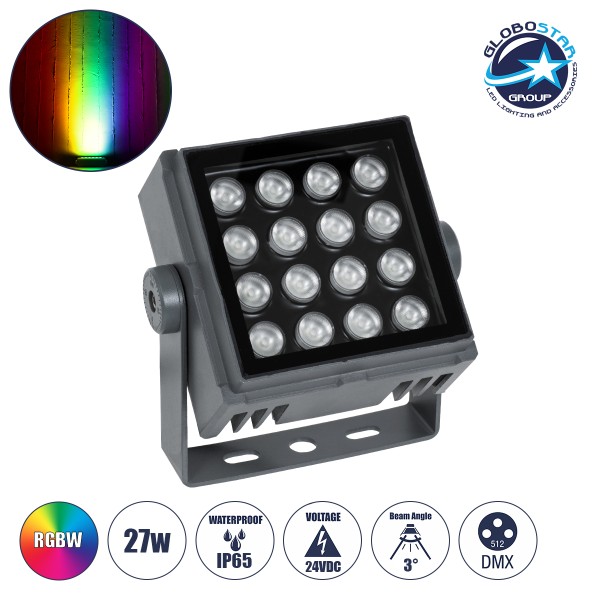 GloboStar® FLOOD-TINY 90370 Προβολέας Wall Washer για Φωτισμό Κτιρίων LED 27W 2295lm 3° DC 24V Αδιάβροχο IP65 L13.8 x W16.4 x H7cm RGBW DMX512 - Γκρι Ανθρακί - 3 Years Warranty
