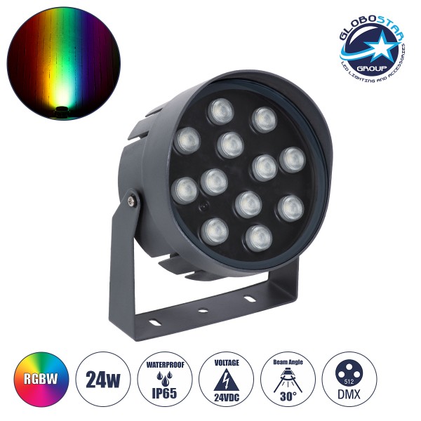 GloboStar® FLOOD-NIGMA 90396 Προβολέας Wall Washer για Φωτισμό Κτιρίων LED 24W 2040lm 30° DC 24V Αδιάβροχο IP65 L15 x W15 x H9.1cm RGBW DMX512 - Γκρι Ανθρακί - 3 Years Warranty