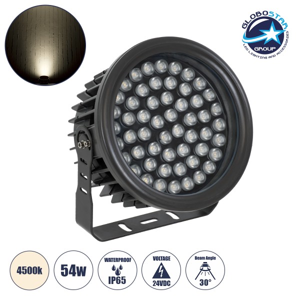 GloboStar® FLOOD-NEVA 90399 Προβολέας Wall Washer για Φωτισμό Κτιρίων LED 54W 5130lm 30° DC 24V Αδιάβροχο IP65 L24.5 x W24.5 x H14.7cm Φυσικό Λευκό 4500K - Μαύρο - 3 Years Warranty