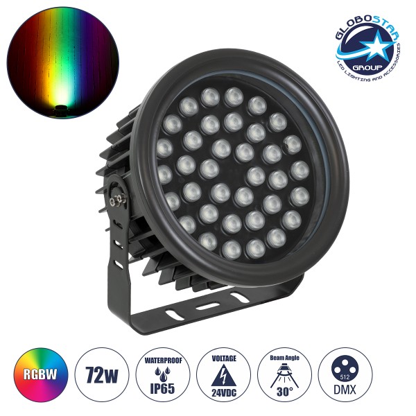 GloboStar® FLOOD-NEVA 90400 Προβολέας Wall Washer για Φωτισμό Κτιρίων LED 72W 6120lm 30° DC 24V Αδιάβροχο IP65 L24.5 x W24.5 x H14.7cm RGBW DMX512 - Μαύρο - 3 Years Warranty