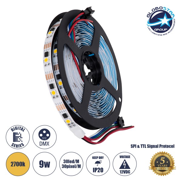 GLOBOSTAR® DIGIPRO 90598 Ψηφιακή Pixel Addressable Ταινία LED 9W/m 810lm/m 120° DC 12V IP20 30 x SMD 5050 Chip/m 30 x Pixel/m Θερμό Λευκό 2700K Dimmable SPI/TTL Protocol IC TM1908 - Μ5000 x Π10 x Υ2mm - Ρολό 5 Μέτρων - 5 Χρόνια Εγγύηση