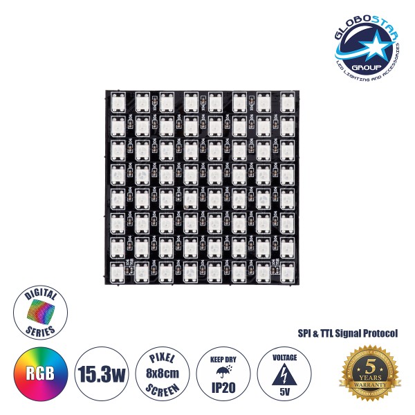 GloboStar® 90607 Digital Pixel Addressable Plate - Ψηφιακή Πλακέτα LED SMD 5050 15.3W/m 64LED/unit 64PIXEL/unit SPI/TTL Protocol IC WS2812/SK6812 1224lm/unit 120° DC 5V IP20 RGB - Μαύρο Σώμα - Μ80 x Π80 x Υ2mm - 5 Χρόνια Εγγύηση
