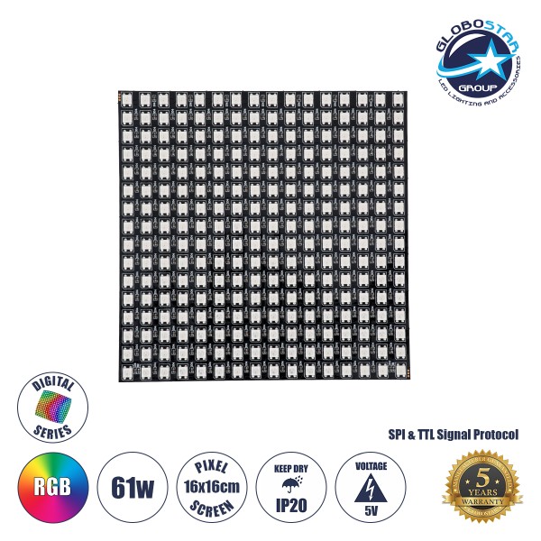 GloboStar® 90608 Digital Pixel Addressable Plate - Ψηφιακή Πλακέτα LED SMD 5050 61W/m 256LED/unit 256PIXEL/unit SPI/TTL Protocol IC WS2812/SK6812 4880lm/unit 120° DC 5V IP20 RGB - Μαύρο Σώμα - Μ160 x Π160 x Υ2mm - 5 Χρόνια Εγγύηση