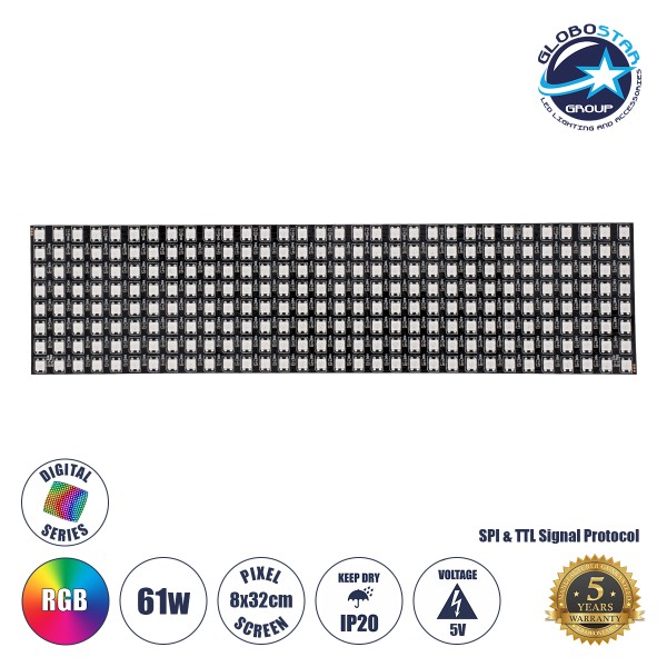GloboStar® 90609 Digital Pixel Addressable Plate - Ψηφιακή Πλακέτα LED SMD 5050 61W/m 256LED/unit 256PIXEL/unit SPI/TTL Protocol IC WS2812/SK6812 4880lm/unit 120° DC 5V IP20 RGB - Μαύρο Σώμα - Μ320 x Π80 x Υ2mm - 5 Χρόνια Εγγύηση