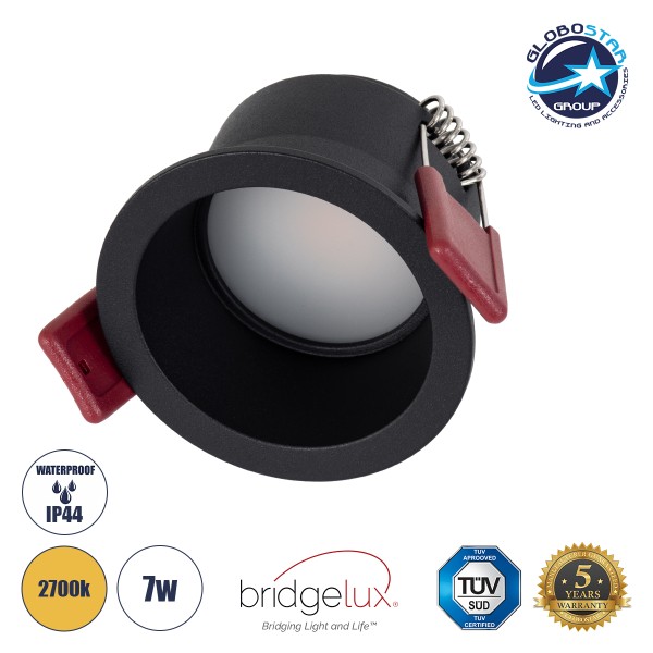GloboStar® IP 60343 Χωνευτό LED Spot Downlight TrimLess Μπάνιου & WC Φ6.6cm 7W 700lm 45° AC 220-240V IP44 Φ6.6 x Υ5.3cm - Στρόγγυλο - Μαύρο - Θερμό Λευκό 2700K - Bridgelux COB - TÜV Certified Driver - 5 Years Warranty