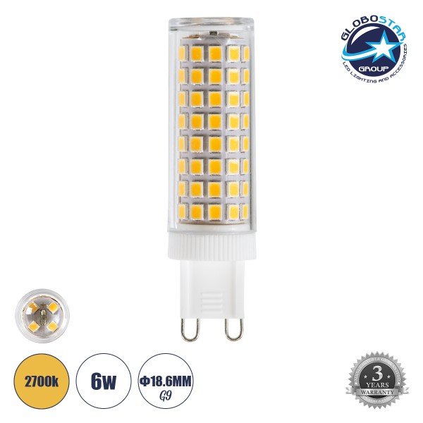 GLOBOSTAR® TUBITO 60386 Λάμπα G9 68mm LED 6W 816lm 360° AC 220-240V IP20 Θερμό Λευκό 2700K - Lumileds SMD Chip - Μ1.8 x Π1.8 x Υ6.8cm - 3 Χρόνια Εγγύηση
