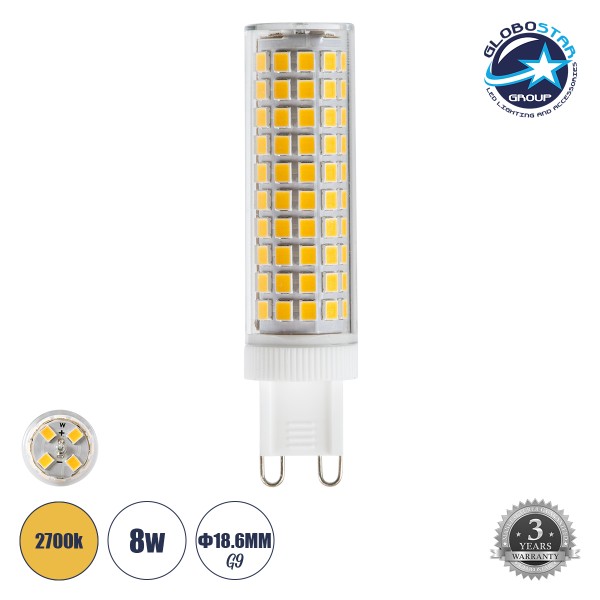 GLOBOSTAR® TUBITO 60389 Λάμπα G9 75mm LED 8W 1088lm 360° AC 220-240V IP20 Θερμό Λευκό 2700K - Lumileds SMD Chip - Μ1.8 x Π1.8 x Υ7.5cm - 3 Χρόνια Εγγύηση