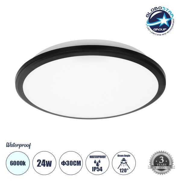 GLOBOSTAR® TUFFIN 60996 Φωτιστικό Πλαφονιέρα Οροφής LED 24W 2760lm 120° AC 220-240V Αδιάβροχο IP54 Ψυχρό Λευκό 6000K - Lumileds SMD Chip - Μαύρο Ματ & Λευκό Γαλακτερό - Μ30 x Π30 x Υ6.5cm - 3 Χρόνια Εγγύηση