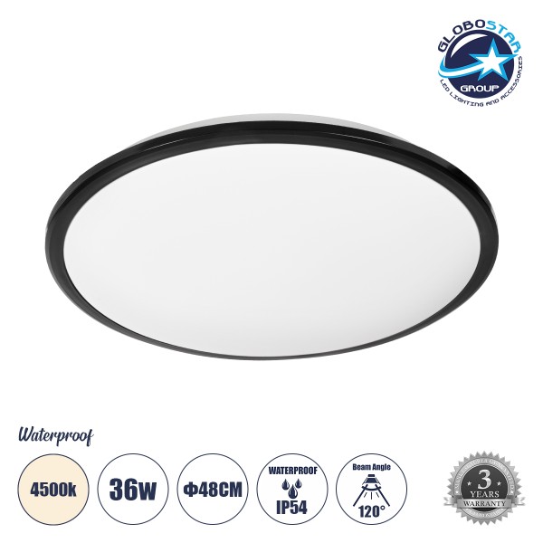 GLOBOSTAR® TUFFIN 60999 Φωτιστικό Πλαφονιέρα Οροφής LED 36W 3960lm 120° AC 220-240V Αδιάβροχο IP54 Φυσικό Λευκό 4500K - Lumileds SMD Chip - Μαύρο Ματ & Λευκό Γαλακτερό - Μ48 x Π48 x Υ6.5cm - 3 Χρόνια Εγγύηση