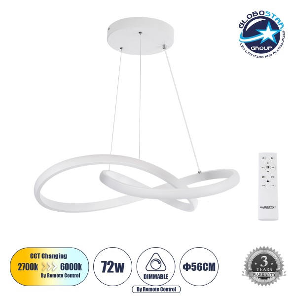 GLOBOSTAR® DEXTER 61050 Μοντέρνο Κρεμαστό Φωτιστικό Οροφής LED 72W 8064lm 300° AC 220-240V IP20 Ρυθμιζόμενο Λευκό CCT με Χειριστήριο από 2700K έως 6000K Dimmable - Lumileds SMD Chip - Λευκό Ματ - Μ56 x Π56 x Υ14cm - 3 Χρόνια Εγγύηση
