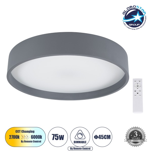 GloboStar® NARNIA 61258 Πλαφονιέρα Οροφής LED CCT 75W 8625lm 120° AC 220-240V - Εναλλαγή Φωτισμού μέσω Τηλεχειριστηρίου All In One Ψυχρό 6000k+Φυσικό 4500k+Θερμό 2700k Dimmable Φ45 x Υ8cm - Γκρι Ανθρακί - 3 Years Warranty