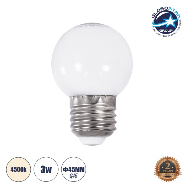 GloboStar® 76091 Λάμπα LED E27 G45 Γλομπάκι 3W 255lm 260° AC 220-240V IP20 Φ4.5 x Υ6.9cm Φυσικό Λευκό 4500K - 2 Years Warranty