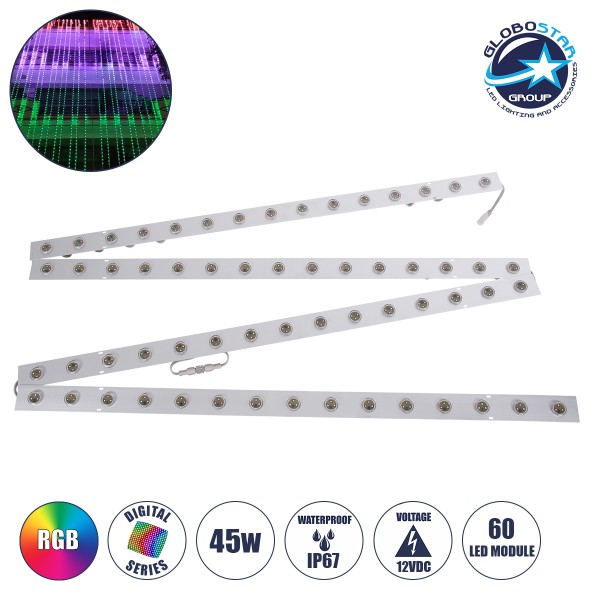 GloboStar® 90119 4 x Digital Pixel Addressable Facade Aluminum Bars - 4 x Ψηφιακές Μπάρες Αλουμινίου Πρόσοψης Κτιρίων LED SMD 3535 45W 60LED 60PIXEL SPI/TTL Protocol IC UCS512B 2700lm 120° DC 12V IP67 RGB - Ασημί Σώμα - Μ400 x Π4.5 x Υ3.6cm - 4 Μπάρες