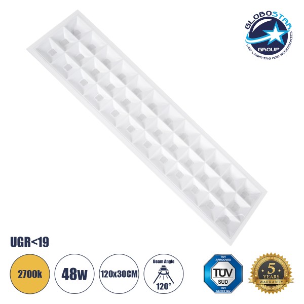 GloboStar® ZEUS 60973 Χωνευτό LED Panel 120x30cm 48W 6960lm 120° CRI≥86Ra UGR<19 Anti-Glare Shield Diffuser AC 220-240V IP44 Μ60 x Π60 x Υ3.3cm - Θερμό Λευκό 2700K - Bridgelux High Lumen Chips - TÜV Certified Driver - 5 Years Warranty