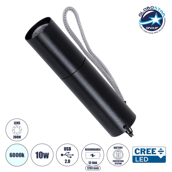 GloboStar® 69924 Φορητός Φακός Χειρός Επαναφορτιζόμενος LED CREE XRE Q5 10W 1000lm Zoom έως 60° με 1 x 18650 Μπαταρία 1200mAh & Battery Protection System - USB 2.0 - 3 Modes IP20 Ψυχρό Λευκό 6000K Φ2.1 x Υ8.8cm