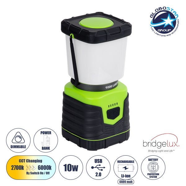 GloboStar® 69930 Αυτόνομο Επαναφορτιζόμενο Φανάρι Camping LED 10W με Εναλλαγή Χρωμάτων & Επαναφορτιζόμενη Μπαταρία 18650 4400mAh Li-ion - Power Bank - Αδιάβροχο IP54 Θερμό Λευκό 2700K - Ψυχρό Λευκό 6000K Μ18.5 x Π9 x Υ9cm