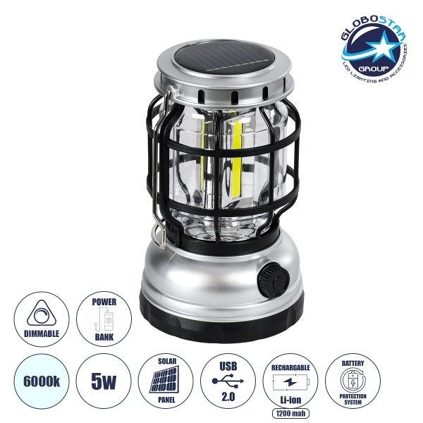GloboStar® 69932 Αυτόνομο Ηλιακό Επαναφορτιζόμενο Φανάρι Camping LED 5W με Επαναφορτιζόμενη Μπαταρία 18650 1200mAh Li-ion - Power Bank - Αδιάβροχο IP54 - Dimmable - Μαύρο Ασημί - Ψυχρό Λευκό 6000K Φ10.2 x Υ16cm