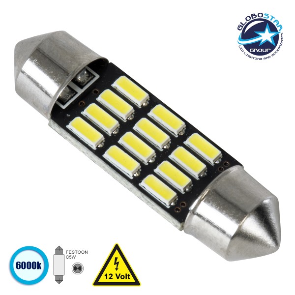 GloboStar® 81306 Λάμπα Αυτοκίνητου 36mm FESTOON - C5W LED 12 SMD 5630 3W 450lm 120° DC 12V IP20 Ψυχρό Λευκό 6000K