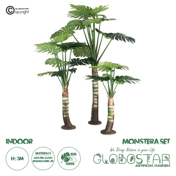 GloboStar® Artificial Garden MONSTERA SET 20090 - Τεχνητό Διακοσμητικό Σετ Φυτών Μονστέρα A:Υ300cm B:Υ200cm C:Υ150cm