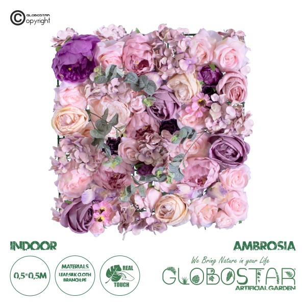 GloboStar® Artificial Garden AMBROSIA 20265 Τεχνητό Διακοσμητικό Πάνελ Λουλουδιών - Κάθετος Κήπος σύνθεση Αμβροσία Μ50 x Π50 x Υ9cm 