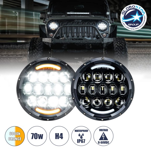 GloboStar® 85415 Σετ 2 x Φανάρια JEEP WRANGLER 6.9' Ιντσών Βασικού Φωτισμού H/L με DRL & Φλας LED CREE CXB COB 70W 7000lm DC 9-60V Αδιάβροχα IP67 Πορτοκαλί & Ψυχρό Λευκό 6000K