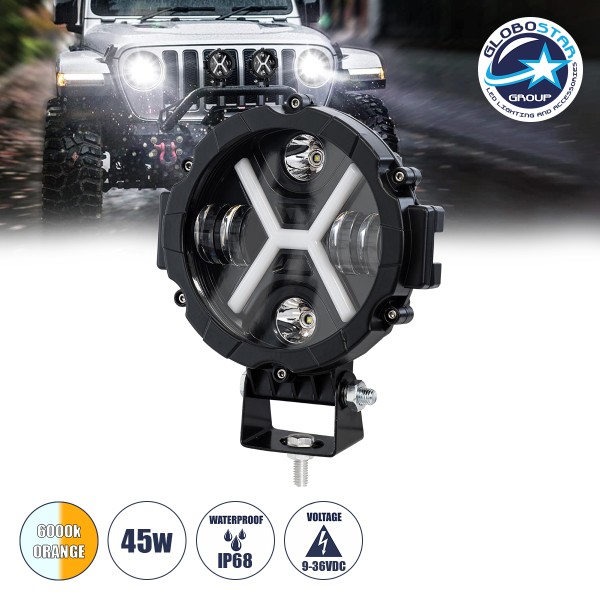 GloboStar® 85416 Vehicle & JEEP Work Lights - Φώτα Εργασίας για Οχήματα και JEEP με X Light DRL & Φλας LED High Power 45W 4500lm DC 9-36V Αδιάβροχo IP68 Πορτοκαλί & Ψυχρό Λευκό 6000K M17.5 x Π8.5 x Υ20cm