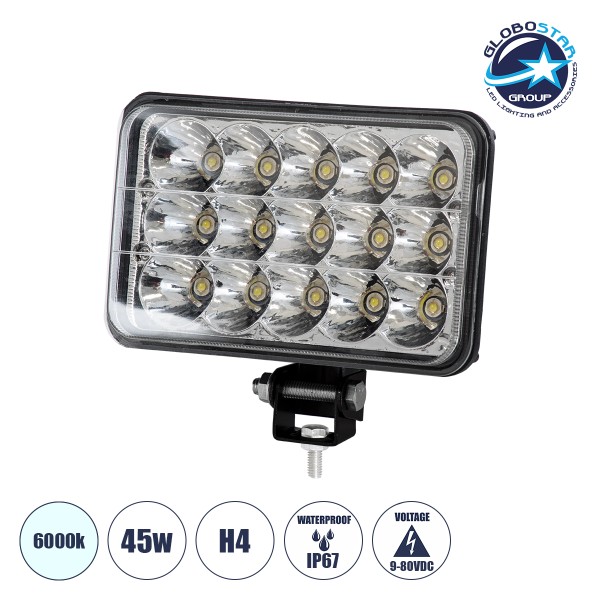 GloboStar® 85420 Vehicle & Forklift Work Lights - Φώτα Εργασίας για Οχήματα Περονοφόρα - Κλάρκ H4 H/L LED 45W DC 9-80V Αδιάβροχο IP67 Ψυχρό Λευκό 6000K Μ20.5 x Π13.5 x Υ6.5cm