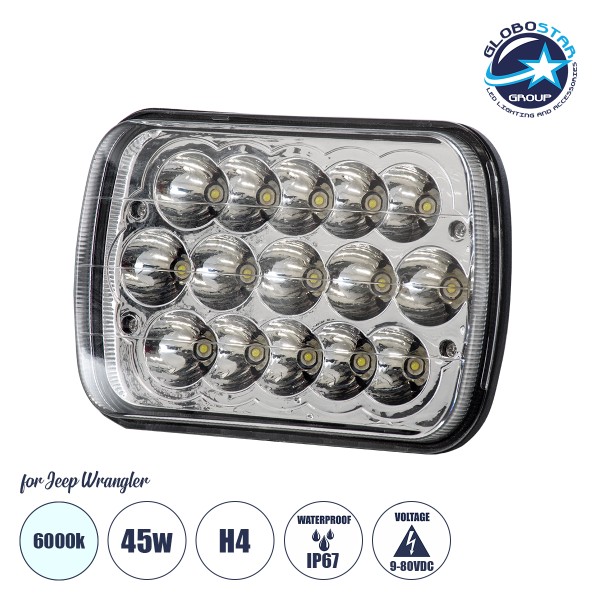 GloboStar® 85421 Φανάρι JEEP WRANGLER Βασικού Φωτισμού H4 H/L LED CREE CXB COB 45W 4500lm DC 9-80V Αδιάβροχο IP67 Ψυχρό Λευκό 6000K Μ17 x Π11 x Υ5.5cm