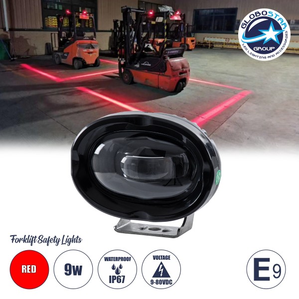 GloboStar® 85425 E9 Mark Forklift Safety Lights - Φώτα Προειδοποίησης & Διαγράμμισης Ασφαλείας για Περονοφόρα - Κλάρκ LED 9W DC 9-80V Αδιάβροχο IP67 Κόκκινο Μ10 x Π9.5 x Υ6cm