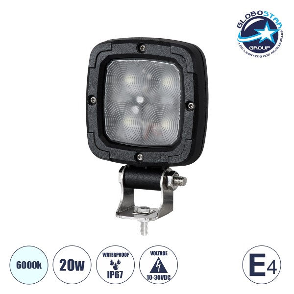 GloboStar® 85427 E4 Mark Vehicle & Forklift Work Lights - Φώτα Εργασίας για Οχήματα Περονοφόρα - Κλάρκ LED 20W DC 10-30V Αδιάβροχο IP67 Ψυχρό Λευκό 6000K Μ14 x Π9.5 x Υ3cm
