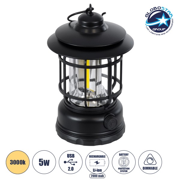 GloboStar® 85692 Αυτόνομο Επαναφορτιζόμενο Φανάρι Camping LED 5W USB 2.0 με Επαναφορτιζόμενη Μπαταρία 1 x 18650 2000mAh Li-ion - IP20 - Dimmable - Μαύρο με Διάφανο Γυαλί - Θερμό Λευκό 3000K Φ12 x Υ17cm