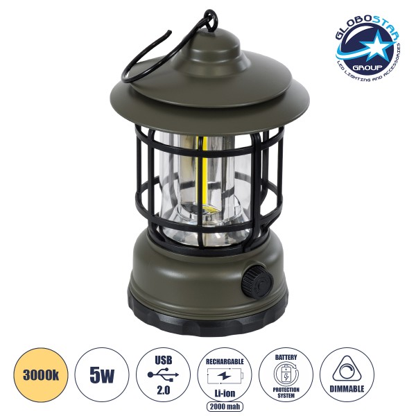 GloboStar® 85693 Αυτόνομο Επαναφορτιζόμενο Φανάρι Camping LED 5W USB 2.0 με Επαναφορτιζόμενη Μπαταρία 1 x 18650 2000mAh Li-ion - IP20 - Dimmable - Πράσινο Χακί με Διάφανο Γυαλί - Θερμό Λευκό 3000K Φ12 x Υ17cm