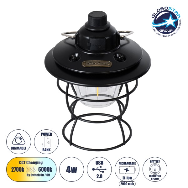 GloboStar® 85695 Αυτόνομο Φανάρι Camping LED 4W USB 2.0 με Επαναφορτιζόμενη Μπαταρία 1 x 18650 2000mAh Li-ion Power Bank IP20 Dimmable Μαύρο με Διάφανο Γυαλί CCT Εναλλαγή Φωτισμού μέσω On/Off All In One Ψυχρό 6000K+Φυσικό 4500K+Θερμό 2700K Φ13.5 x Υ17.5cm