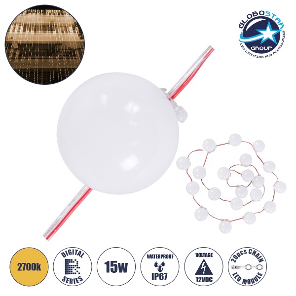 GloboStar® 90259 Digital Pixel Addressable Facade Module Chain String with 20 Spots - Ψηφιακή Αλυσίδα Γιρλάντα με 20 Σποτ LED SMD 3535 15W 20LED 20PIXEL SPI/TTL Protocol IC UCS512B 1200lm 240° DC 12V IP67 Θερμό Λευκό 2700K - Λευκό Σώμα - Μ200 x Π5 x Υ5cm