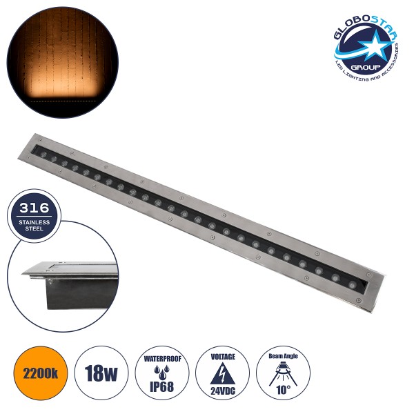GLOBOSTAR® UNDERGROUND-REMVI 90194-Y Χωνευτό Φωτιστικό Wall Washer Δαπέδου LED 18W 1440lm 10° DC 24V Αδιάβροχο IP68 2200K DMX512 Dimmable - Ανοξείδωτο Ατσάλι 304 - Μ100 x Π9 x Υ7.2cm / Μ98.2 x Π7.6cm - 3 Χρόνια Εγγύηση
