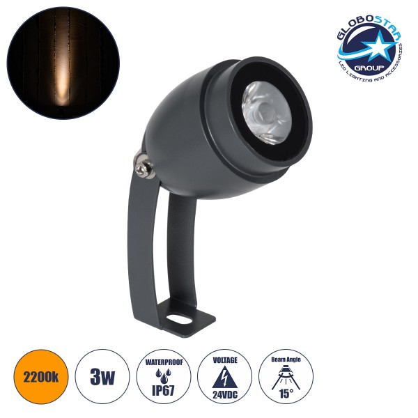 GLOBOSTAR® TREEGAL 90460 Φωτιστικό Σποτ για Φυτά - Δέντρα με Βάση Μπετού & Κορμού LED 3W 315lm 15° DC 24V Αδιάβροχο IP67 Ultra Θερμό Λευκό 2200K Dimmable - Bridgelux SMD Chip - Γκρι Ανθρακί - Μ5 x Π5 x Υ14.7cm - 3 Χρόνια Εγγύηση