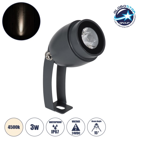 GLOBOSTAR® TREELIGHT-TREEGAL 90462 Σποτ Φωτισμού για Φυτά - Δέντρα με Βάση Μπετού & Κορμού LED 3W 345lm 15° DC 24V Αδιάβροχο IP65 Φυσικό Λευκό 4500K Dimmable - Γκρι Ανθρακί - Μ5 x Π5 x Υ14.7cm - 3 Χρόνια Εγγύηση