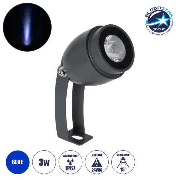 GloboStar® TREELIGHT-TREEGAL 90463 Σποτ Φωτισμού Ειδικό για Φυτά - Δέντρα με Βάση Μπετού & Κορμού LED 3W 315lm 15° DC 24V Αδιάβροχο IP65 Φ5 x Υ14.7cm Μπλε - Γκρι Ανθρακί - 3 Years Warranty